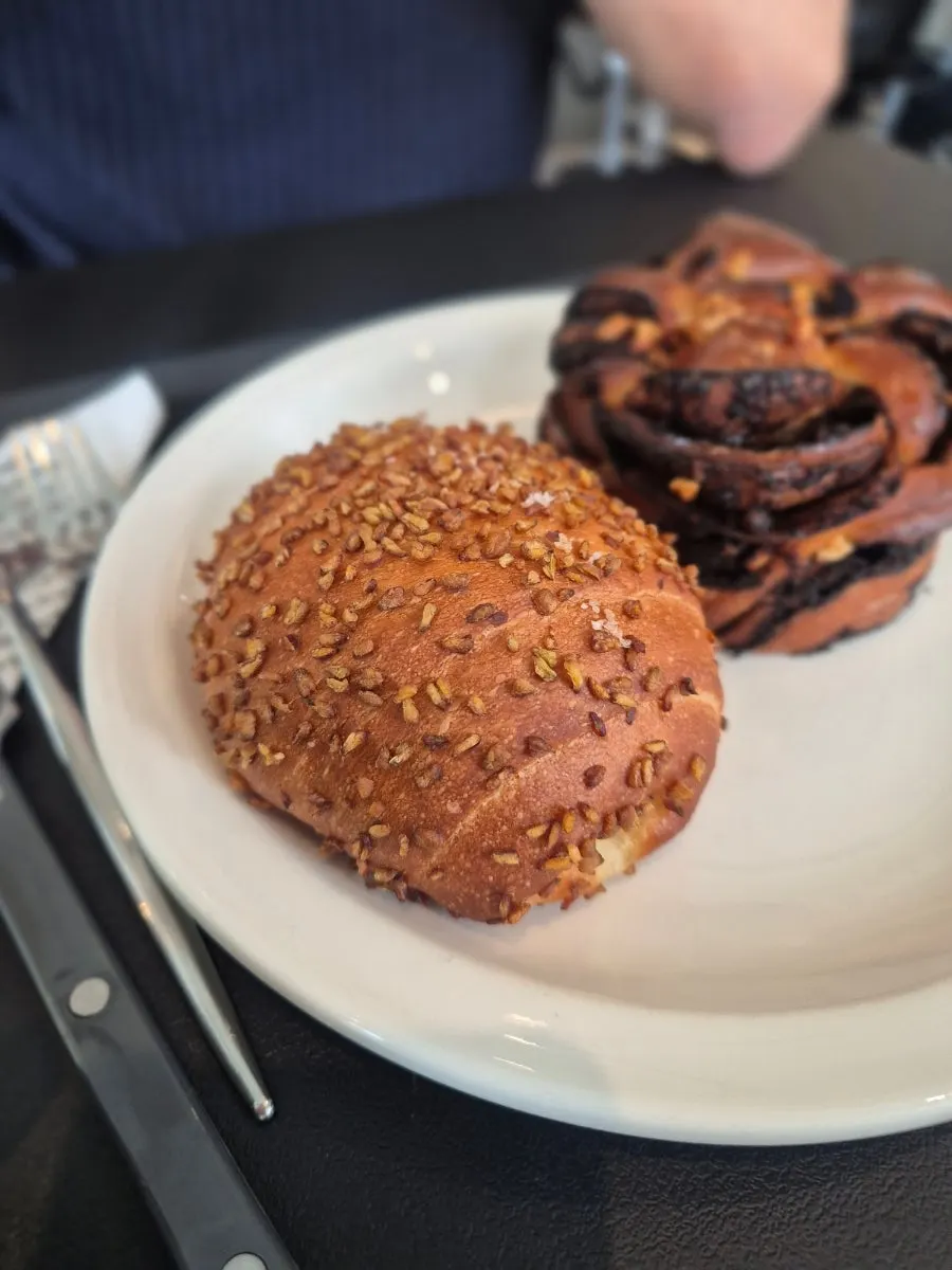 Interior of a buckwheat salt bread with a bite taken out
