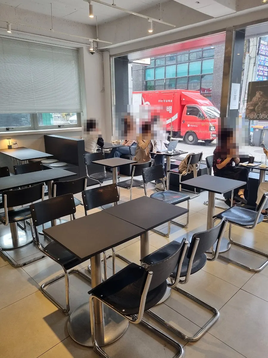 Clean café interior with counter visible