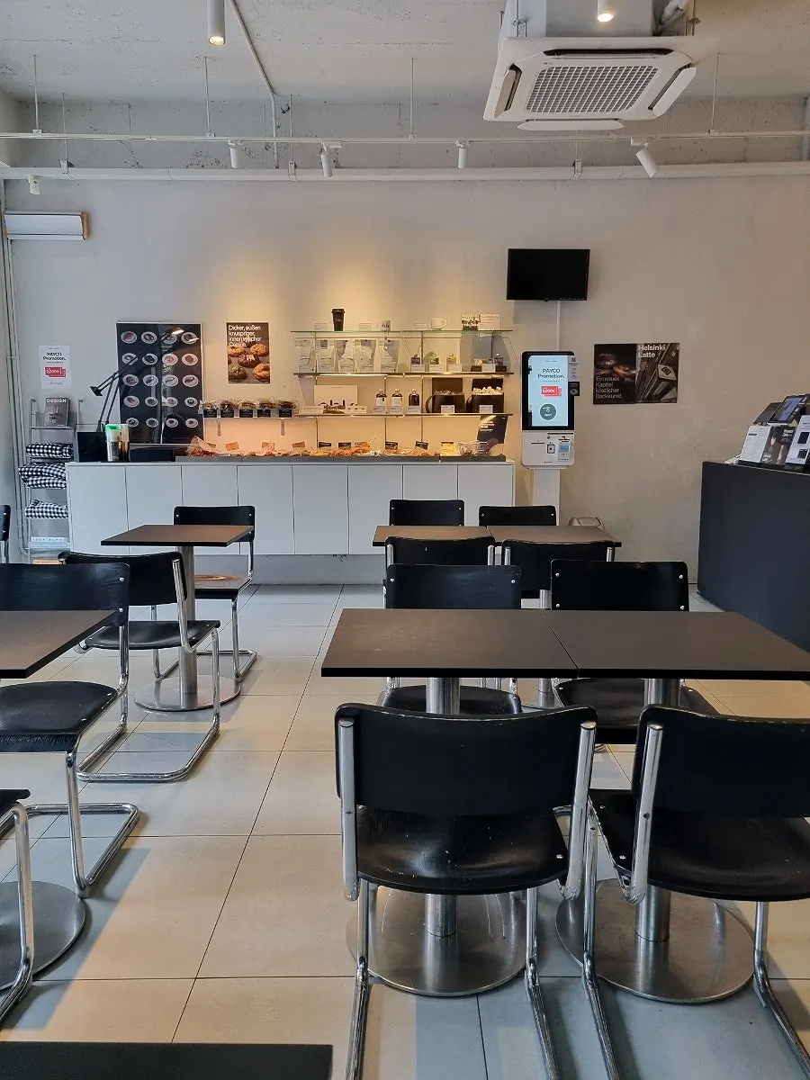Café interior seating with window-side seats