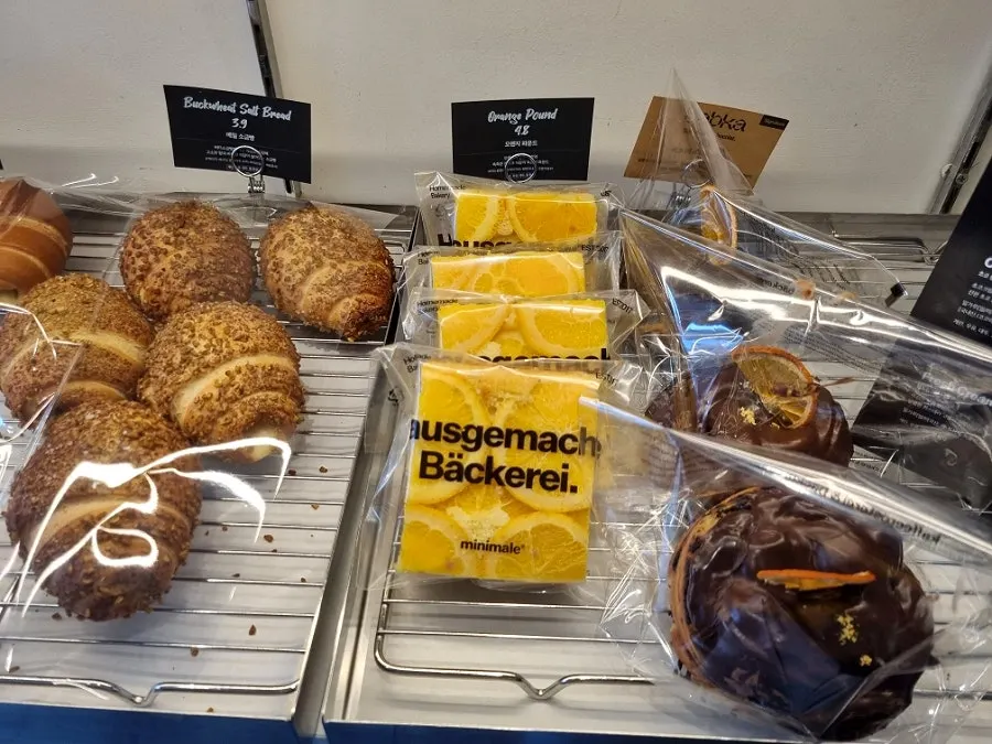Bakery desserts arranged in the display case