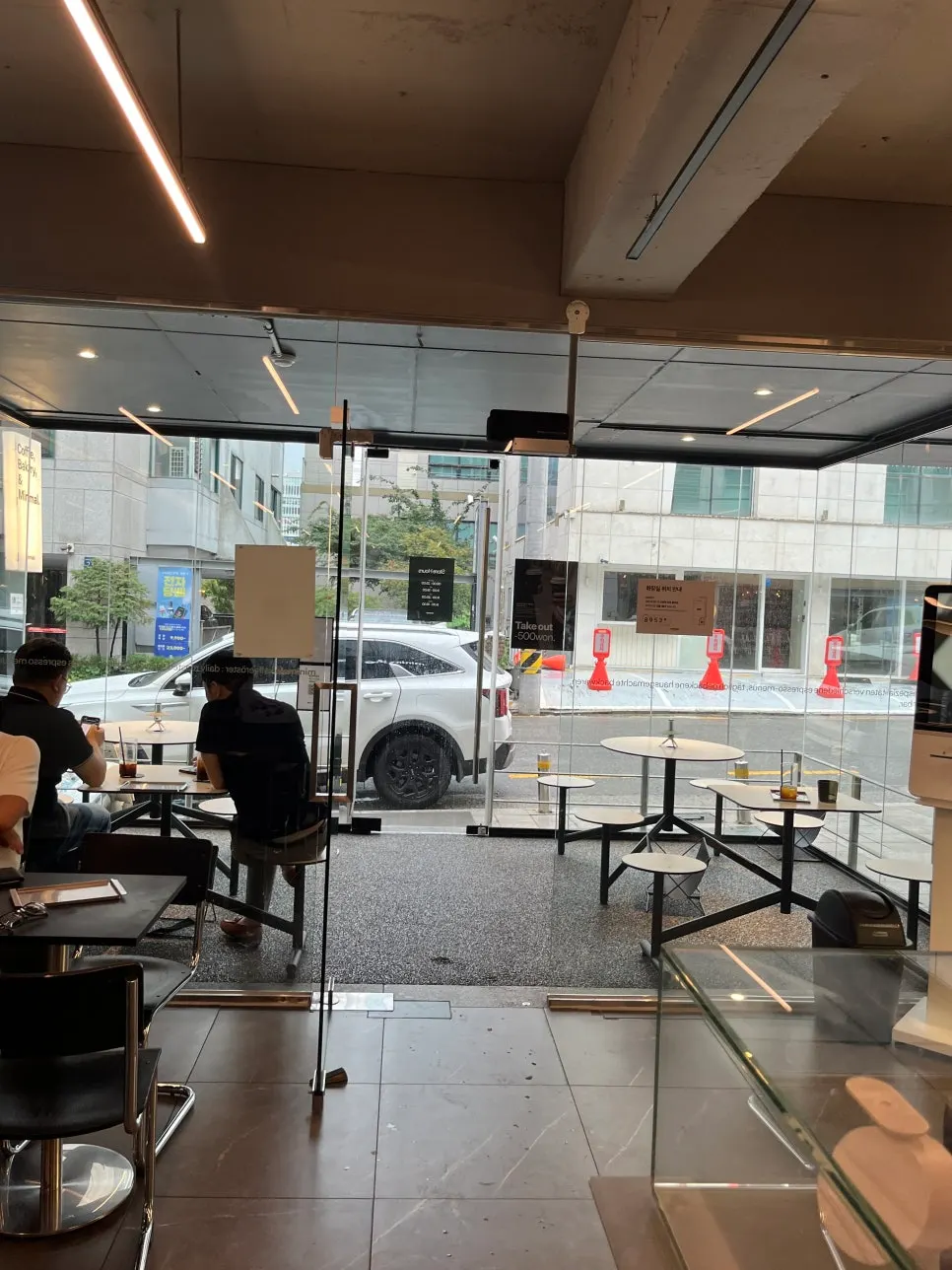 Interior with gray-tone décor and steel counter
