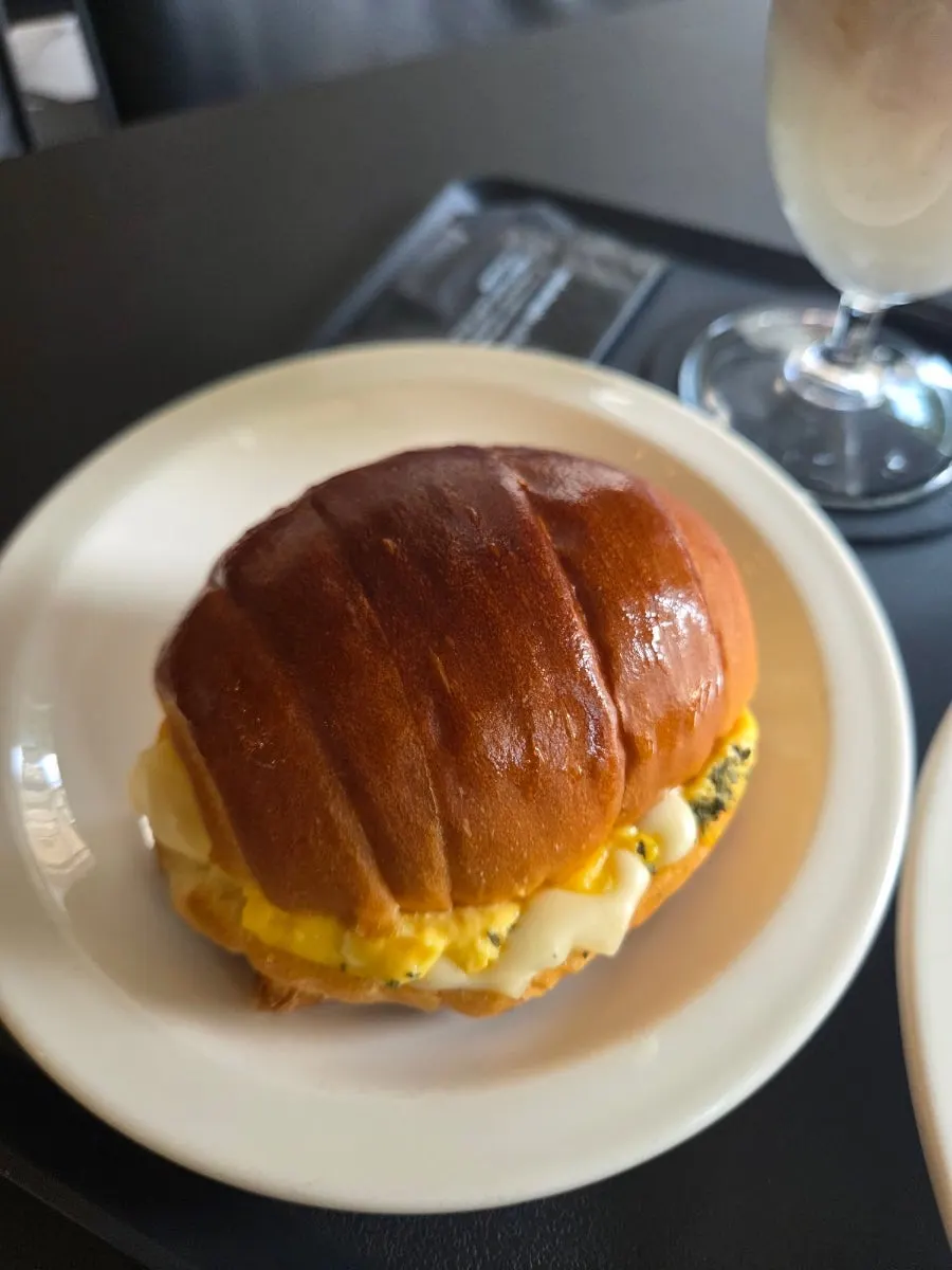 Warmed egg mayo salt bread sandwich served