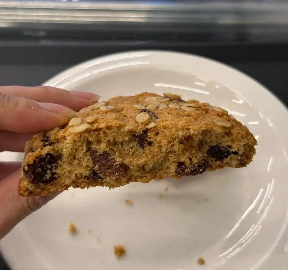 Cross-section of the oatmeal raisin cookie split in half