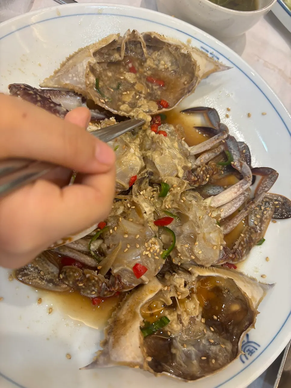 Close-up of crab meat-filled soy sauce crab
