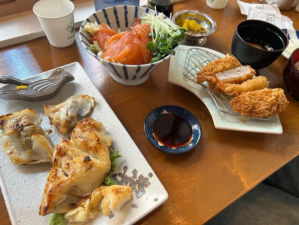 Full spread with katsu, sake-don, and salt-grilled black cod