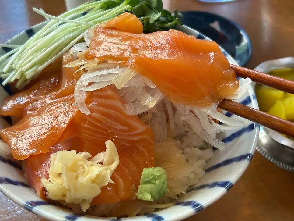 Close-up of firm-textured raw salmon bowl