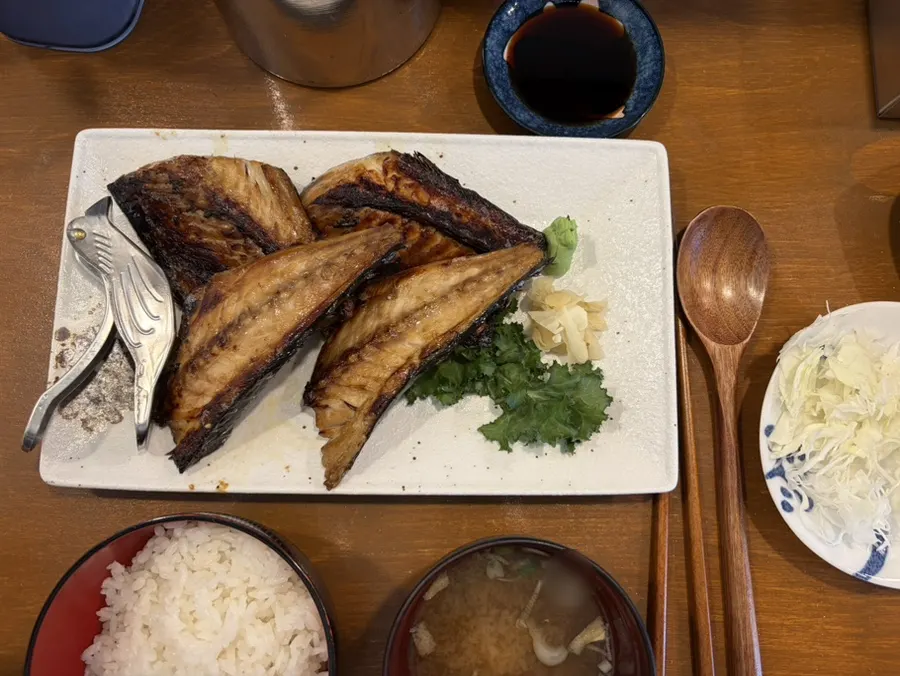 Plate with a whole extra-large miso-grilled mackerel