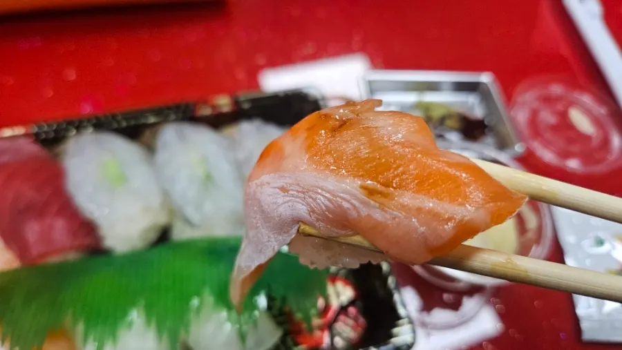 Close-up of the soft salmon sushi