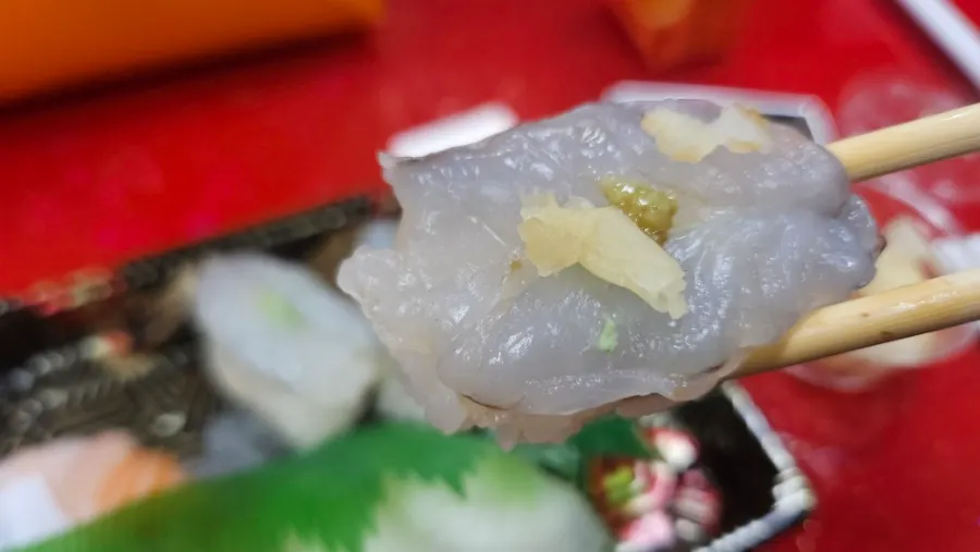 Close-up of the plump raw shrimp sushi