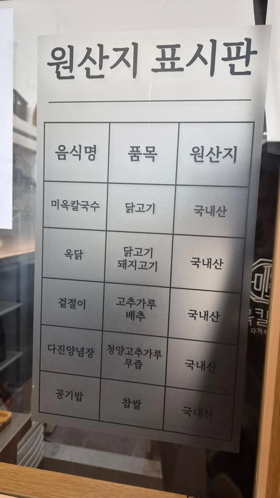 국내산 재료 표기 안내판