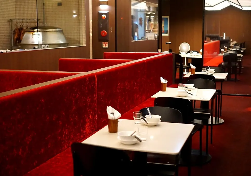 Interior of Mirim Yangjang Apgujeong decorated in red and wood