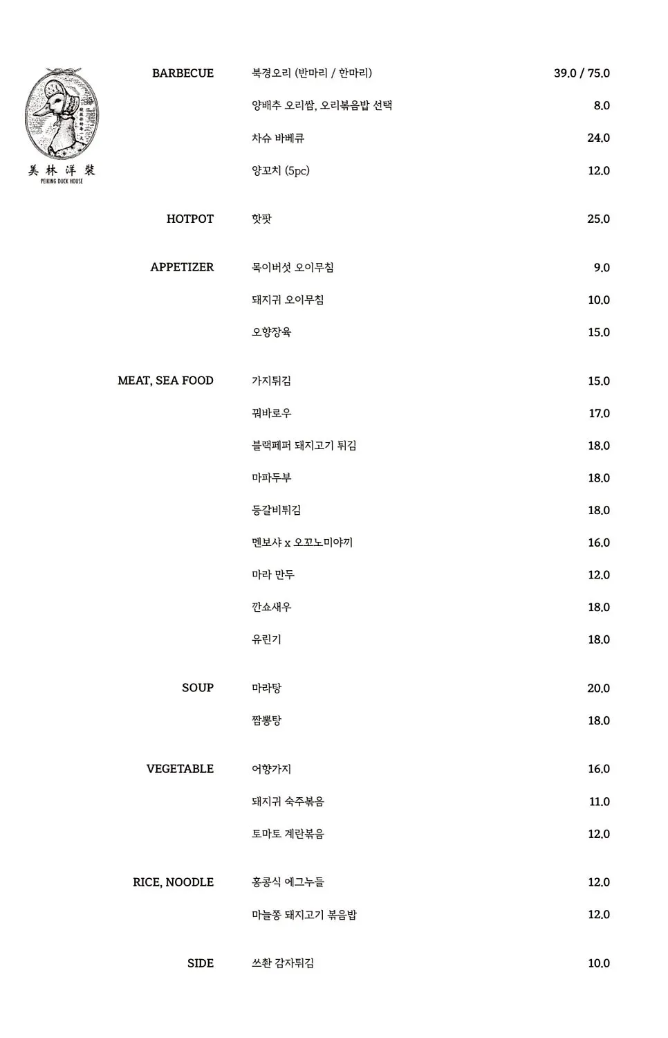 Chinese food menu board at Mirim Yangjang Apgujeong