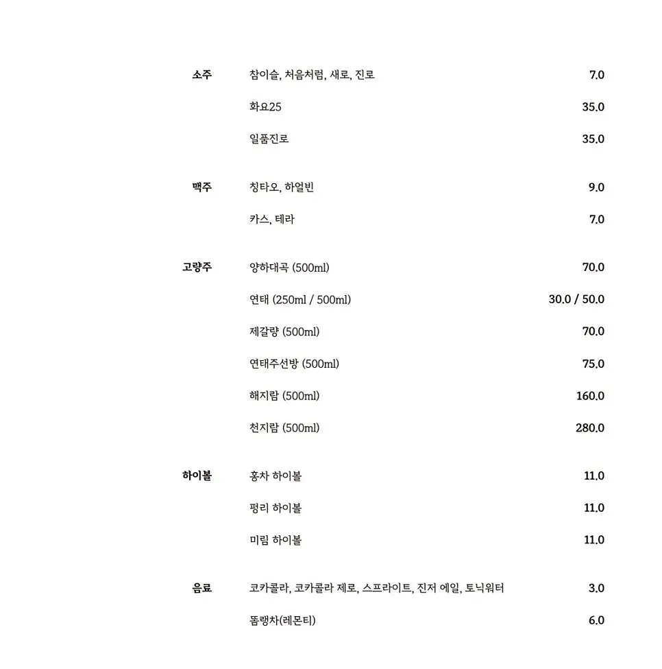 Drinks menu board at Mirim Yangjang Apgujeong