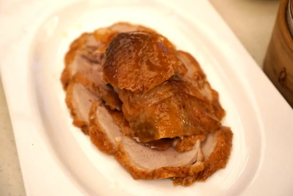 Close-up of glistening Peking duck skin