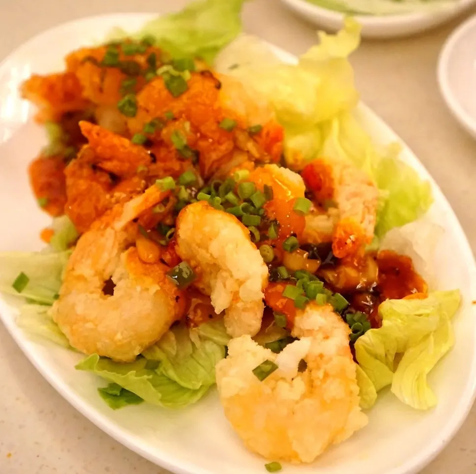 Close-up of golden fried kkanpung shrimp