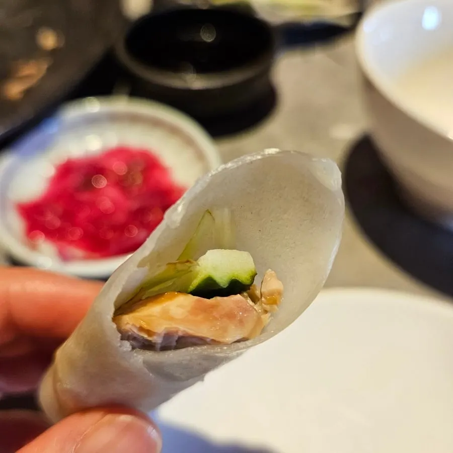 Peking duck wrap piled high with scallion and cucumber