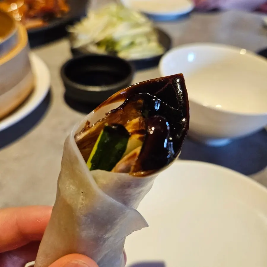 Remaining Peking duck plate with side vegetables