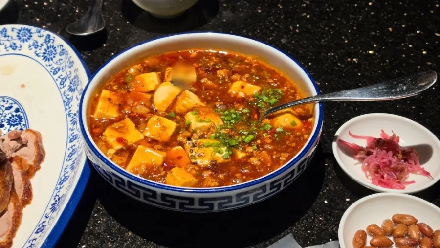 Close-up of mapo tofu made with silken tofu