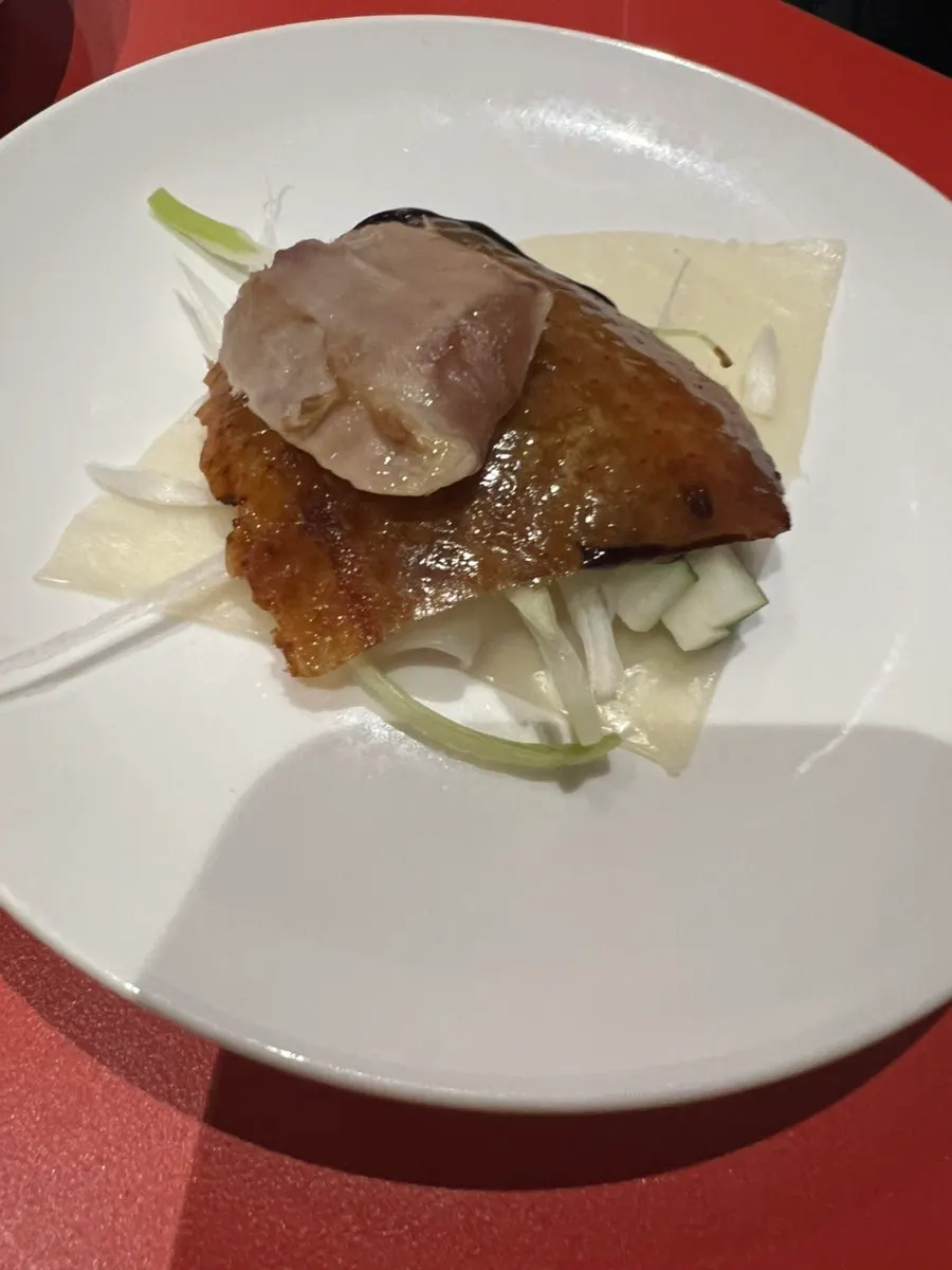 A Peking duck wrap topped with sauce