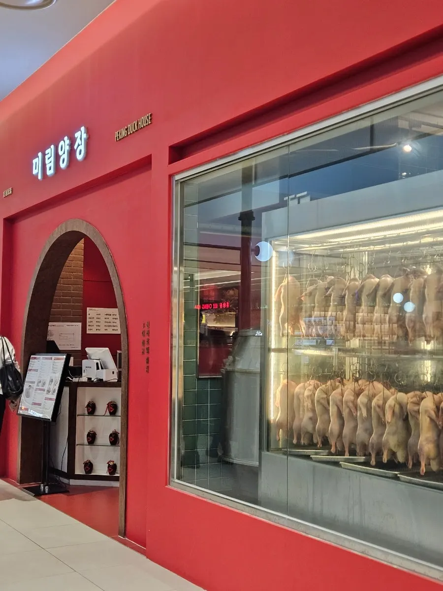 ミリムヤンジャン タイムビラス水原店の入口に吊るされたアヒル