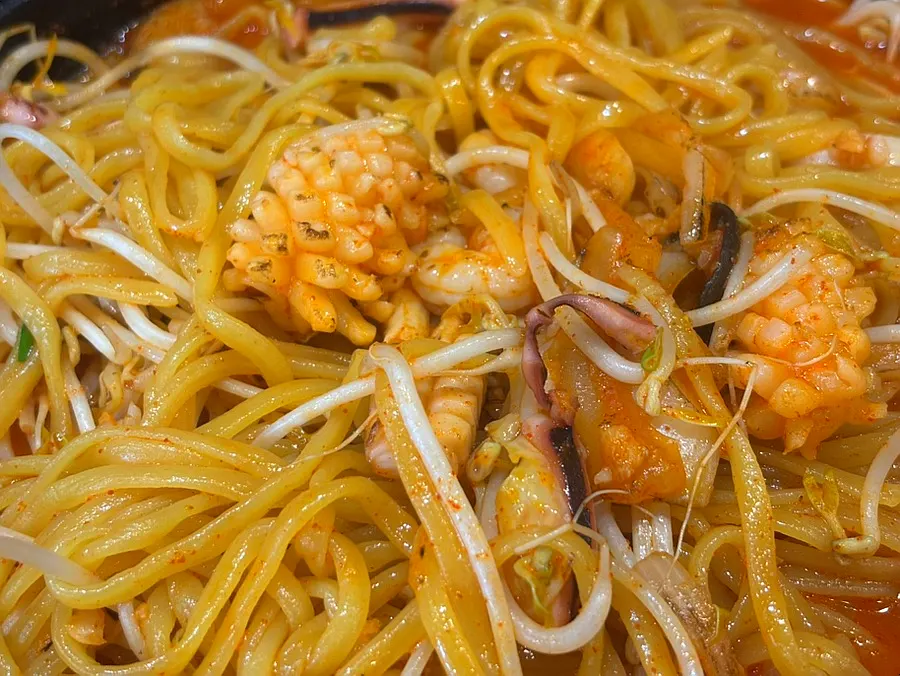 Stone jjamppong filled with seafood and vegetables