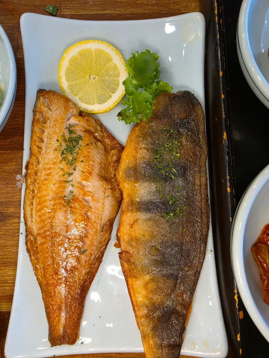Grilled atka mackerel with the skin still on