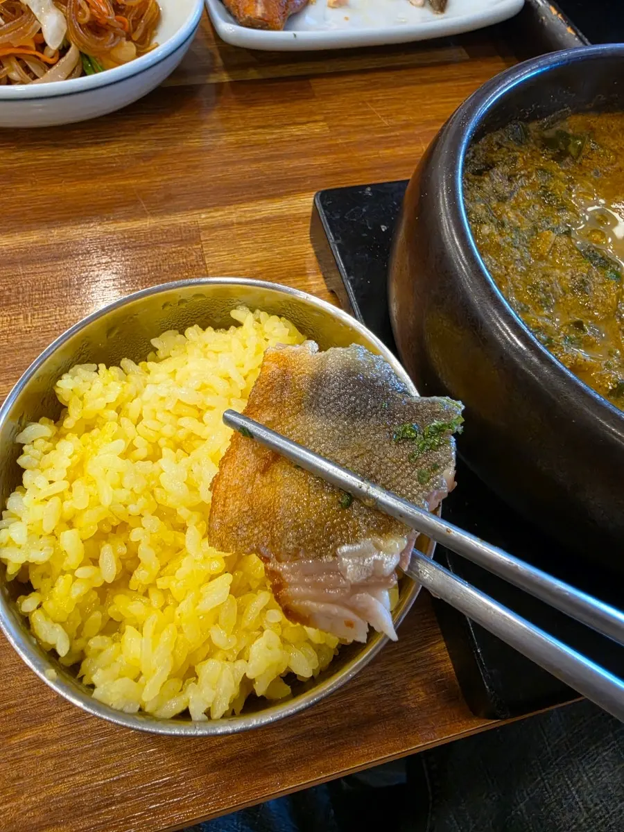 Plate of atka mackerel with the flesh picked apart
