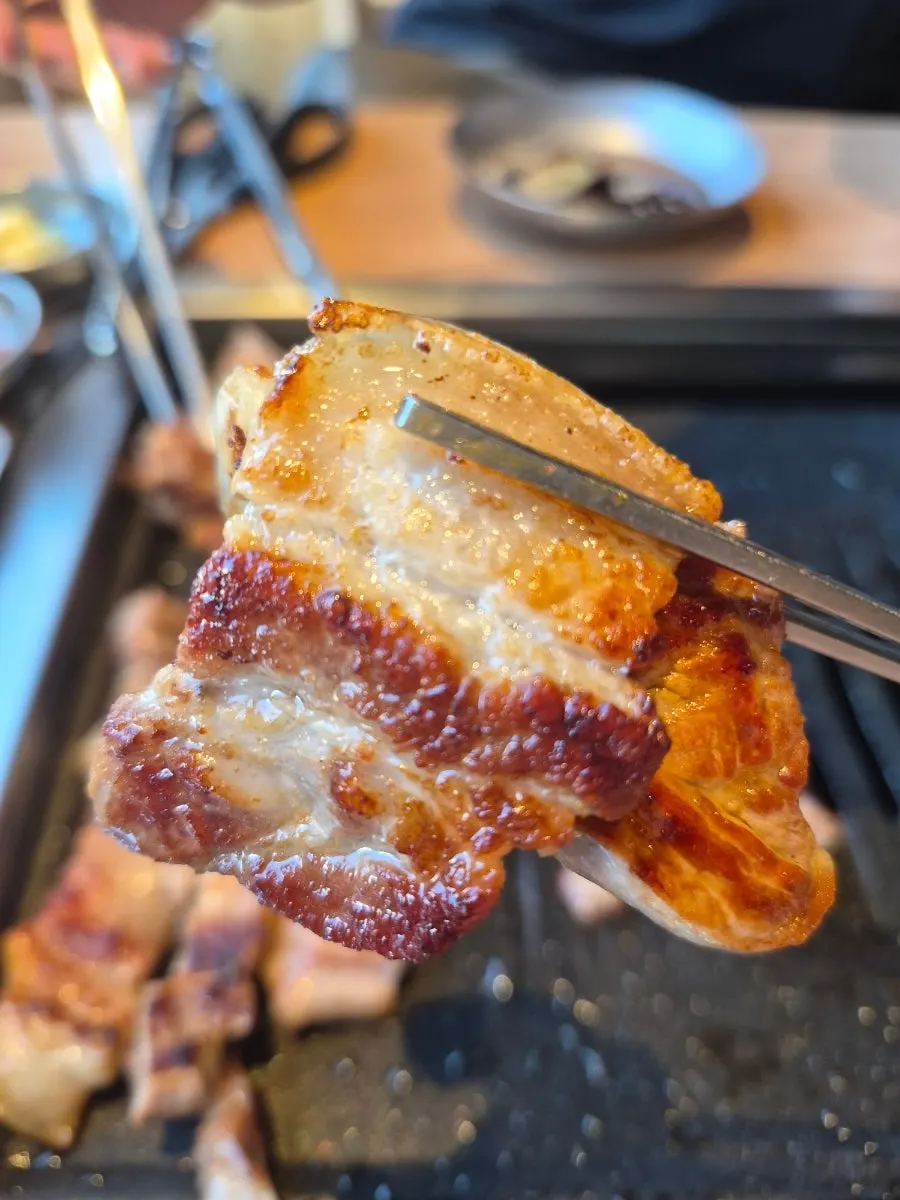 Raw pork belly grilled golden, skin included