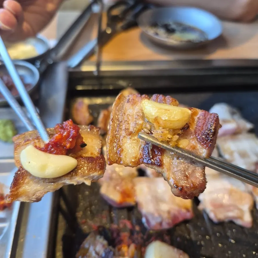 Close-up of pork belly dipped in myeoljeot