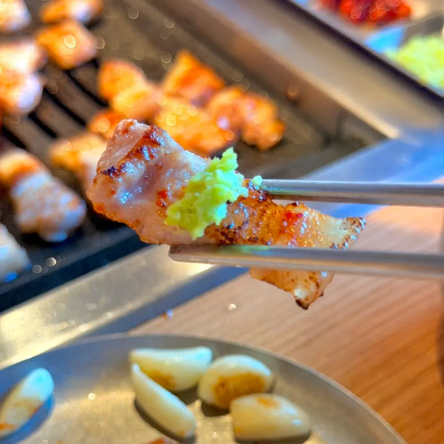 Close-up of grilled pork jowl