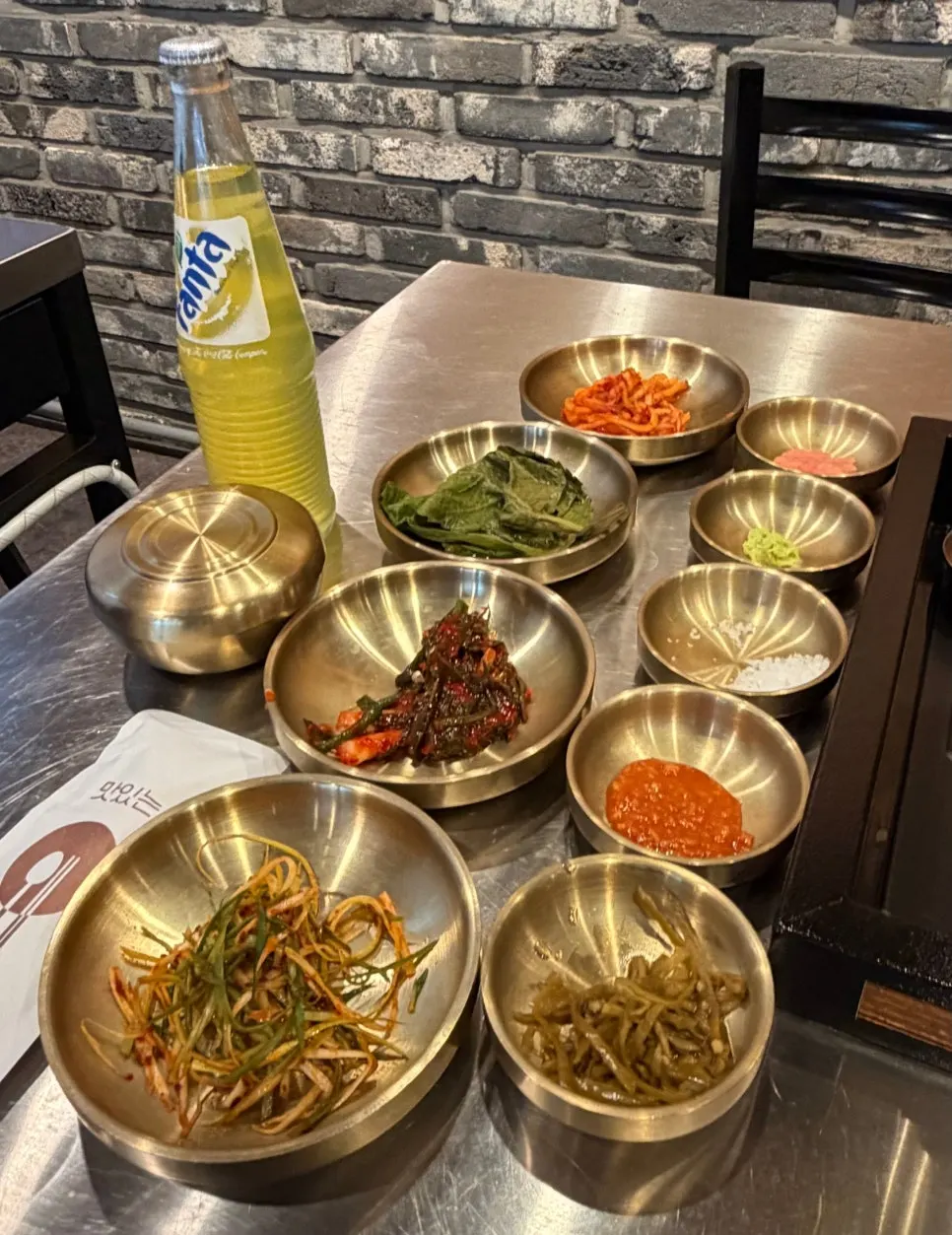 Basic side-dish spread at a Korean barbecue restaurant