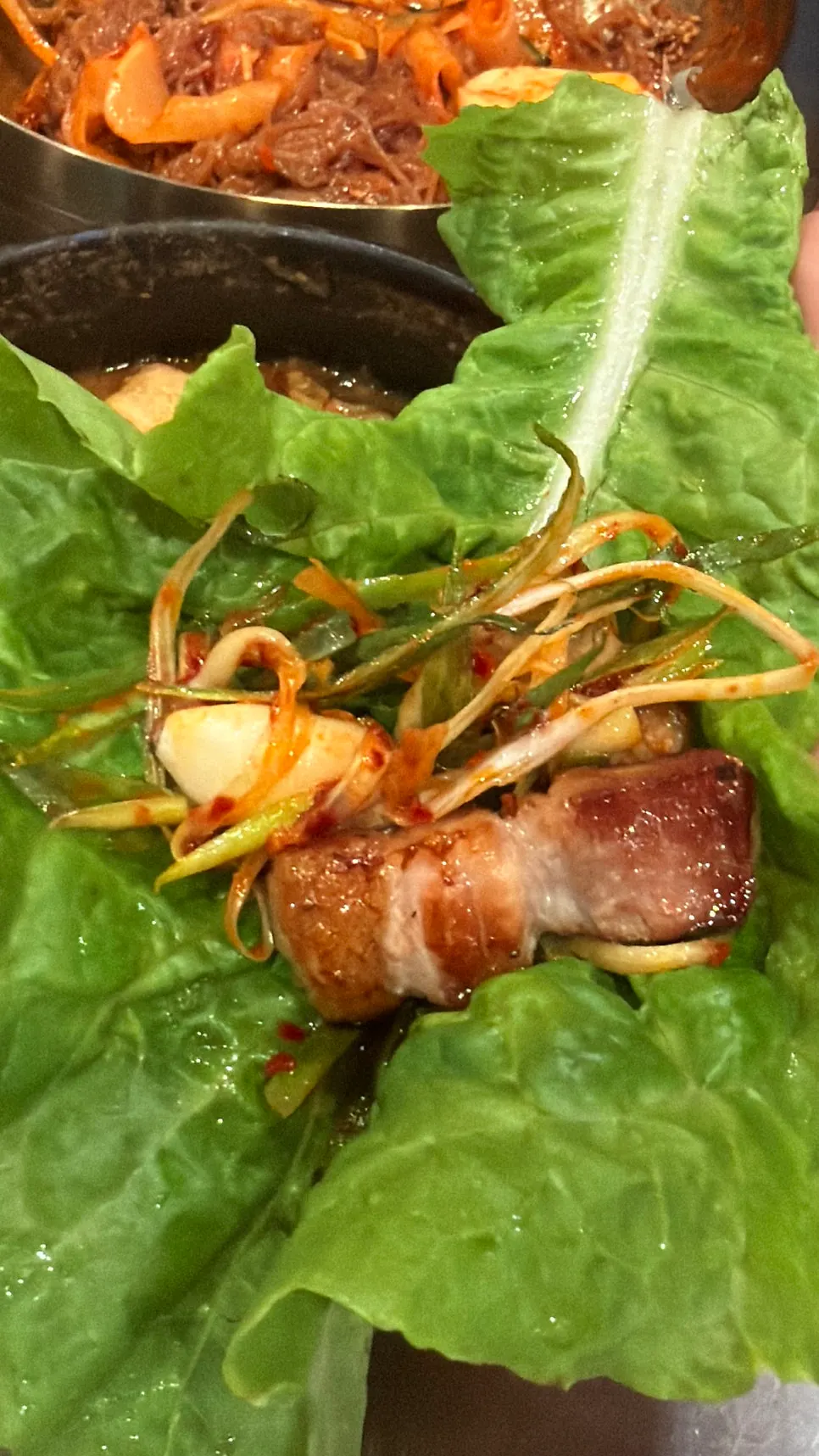 Meat spread served with wrap vegetables