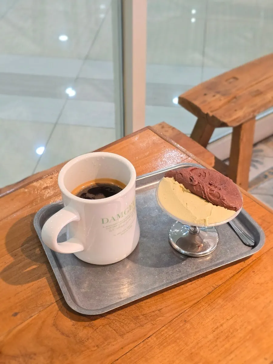 Sweet gelato with warm coffee