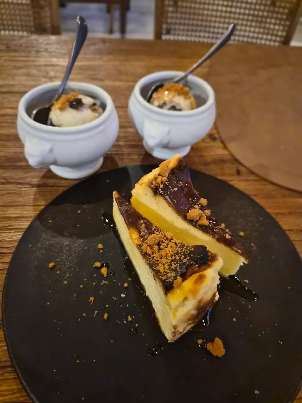 Basque cheesecake served for dessert