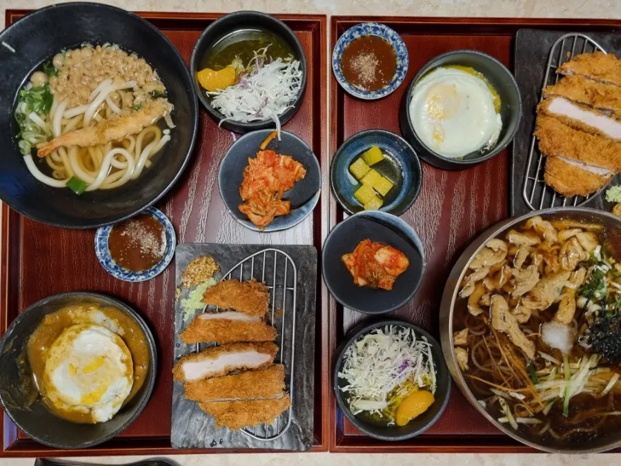 Combo set udon, cold soba tonkatsu, and fried egg laid out together