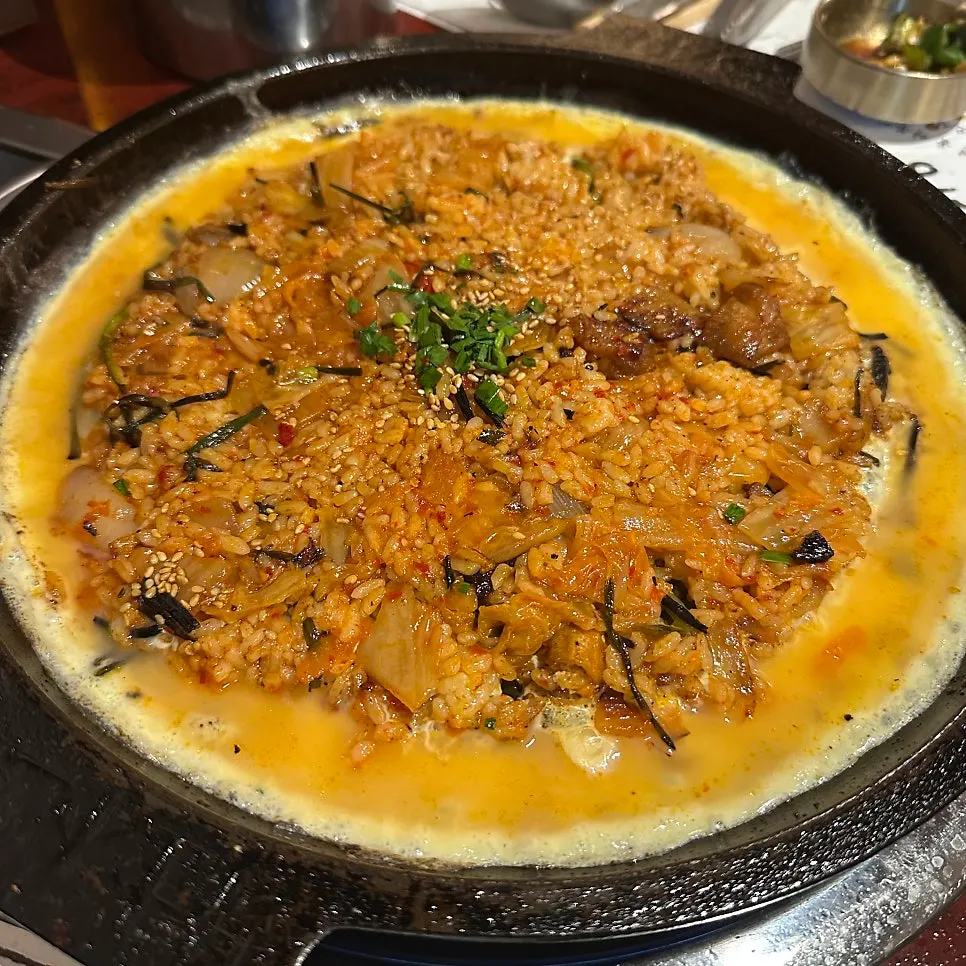 Cheese kimchi fried rice swirled with egg