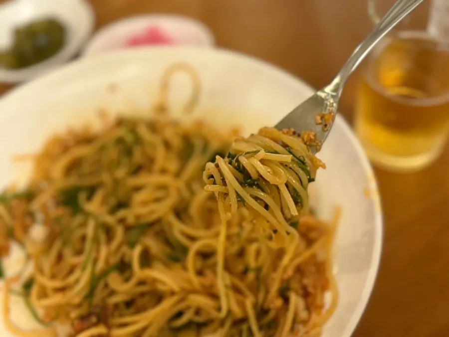 Perilla oil salted fish pasta well coated in sauce