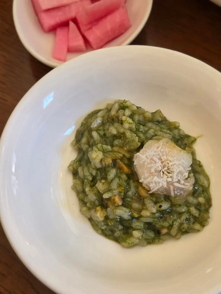 A spoonful of gulfweed conch risotto lifted up