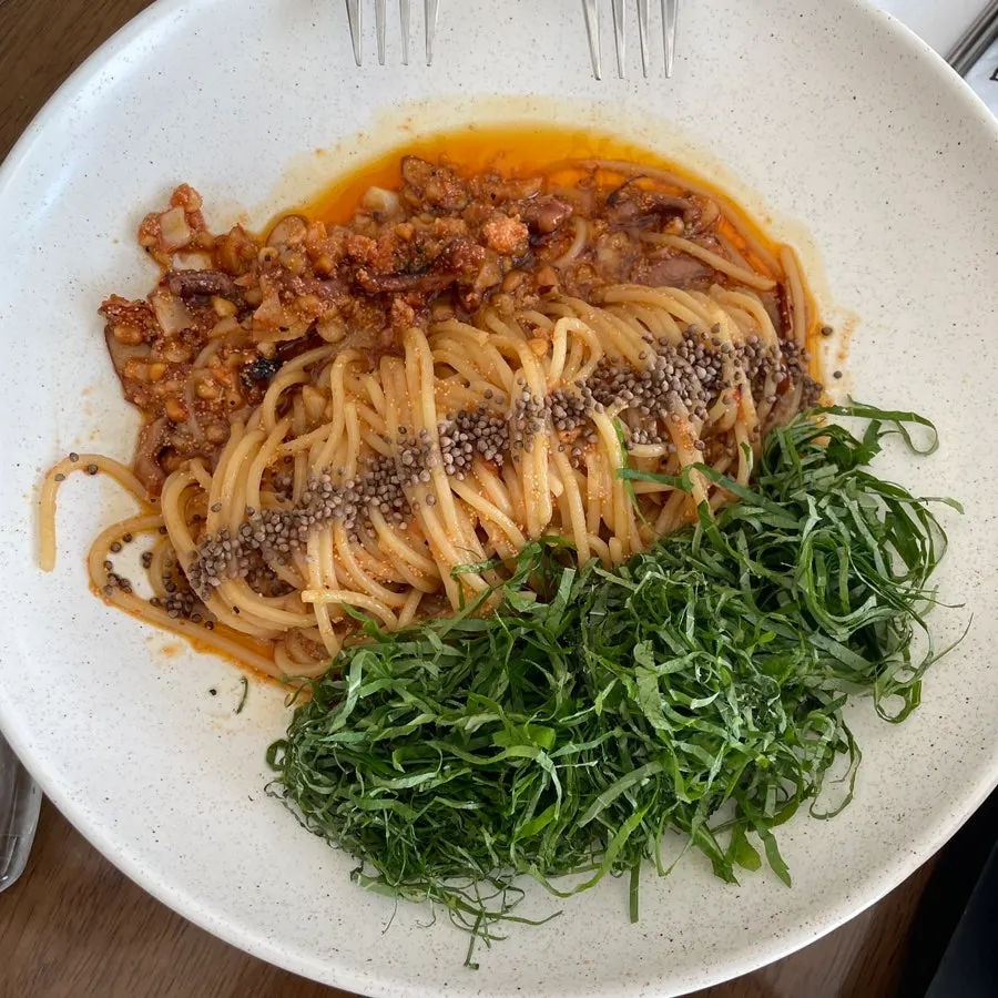 Plate of Moa Gangnam's perilla oil pasta with salted seafood