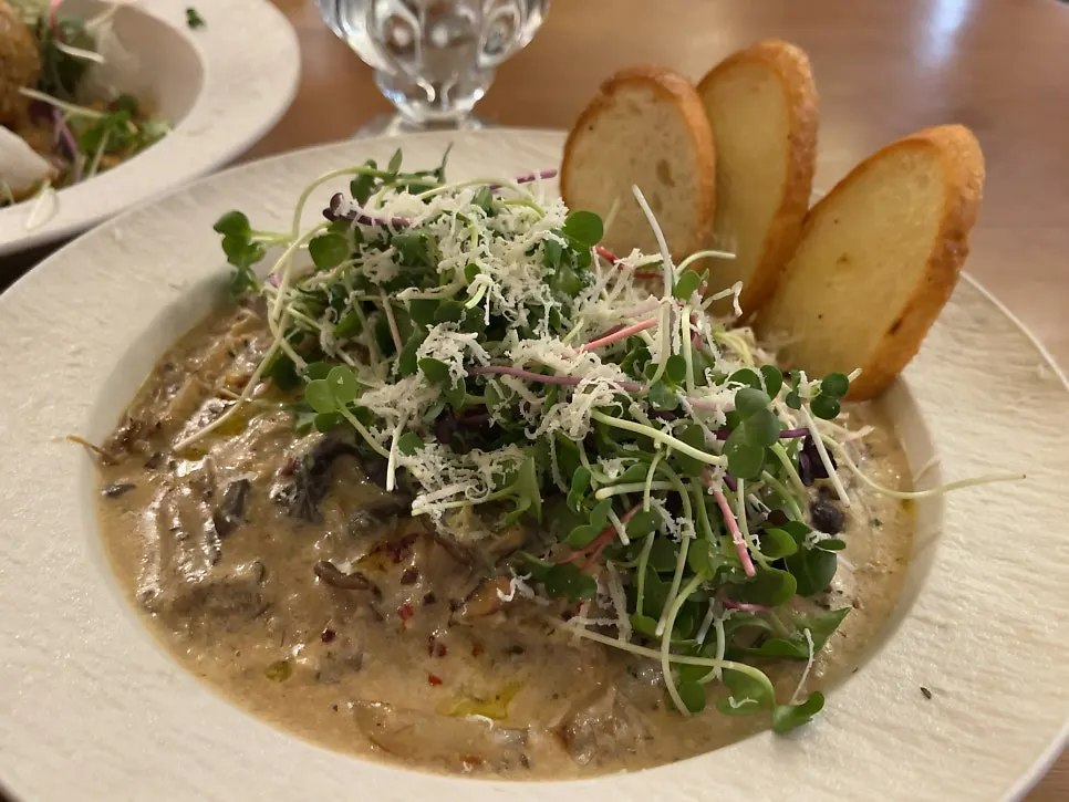 Close-up of meatballs coated in mushroom cream sauce