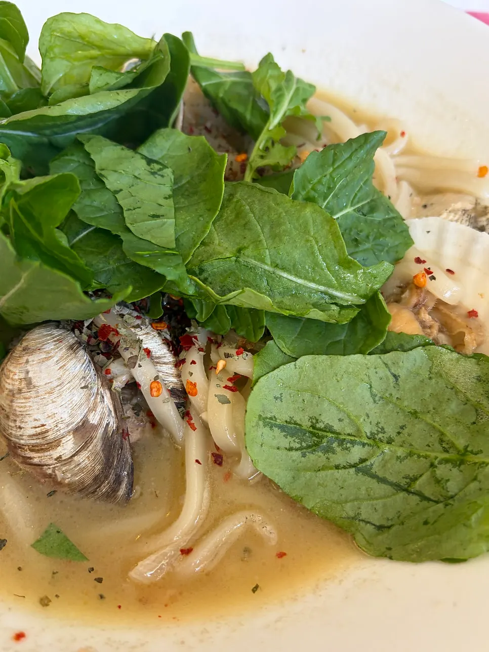 A bowl of vongole kalguksu loaded with clams