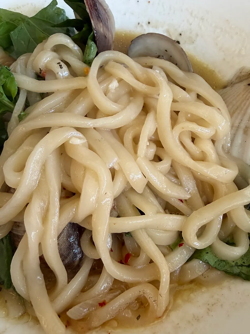 Rich clam broth of the vongole kalguksu