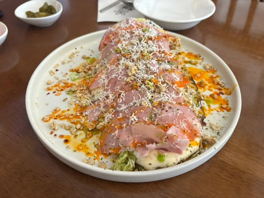 Full table shot of the fusion Korean spread at Moa Gangnam