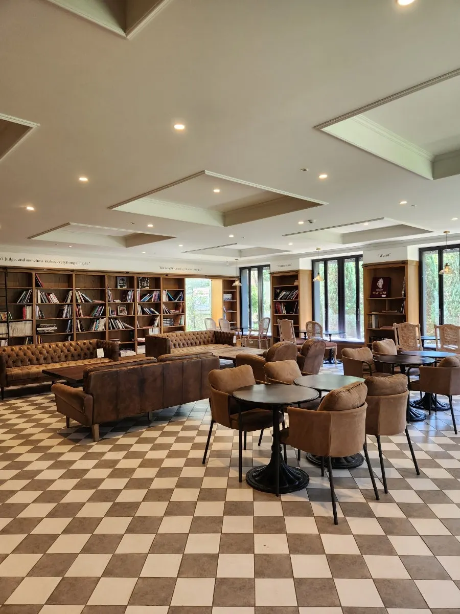 Library space with wood bookshelves
