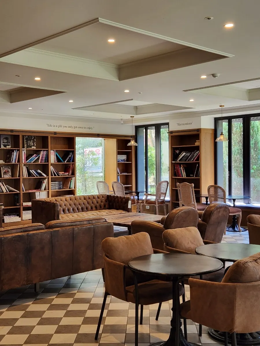 Library interior with a checkerboard floor