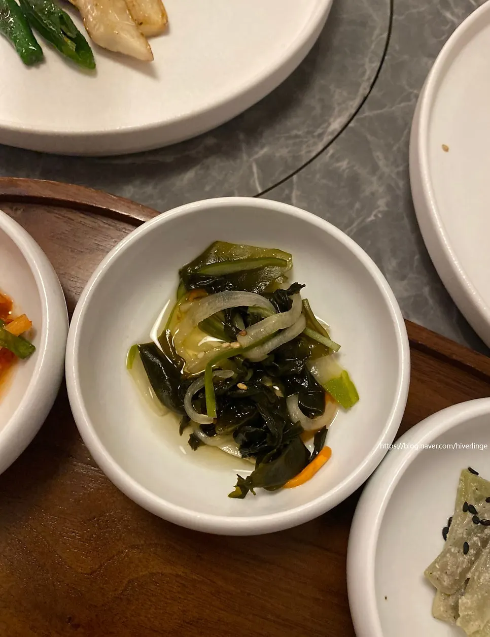 Neat side dishes served with the Korean beef sirloin