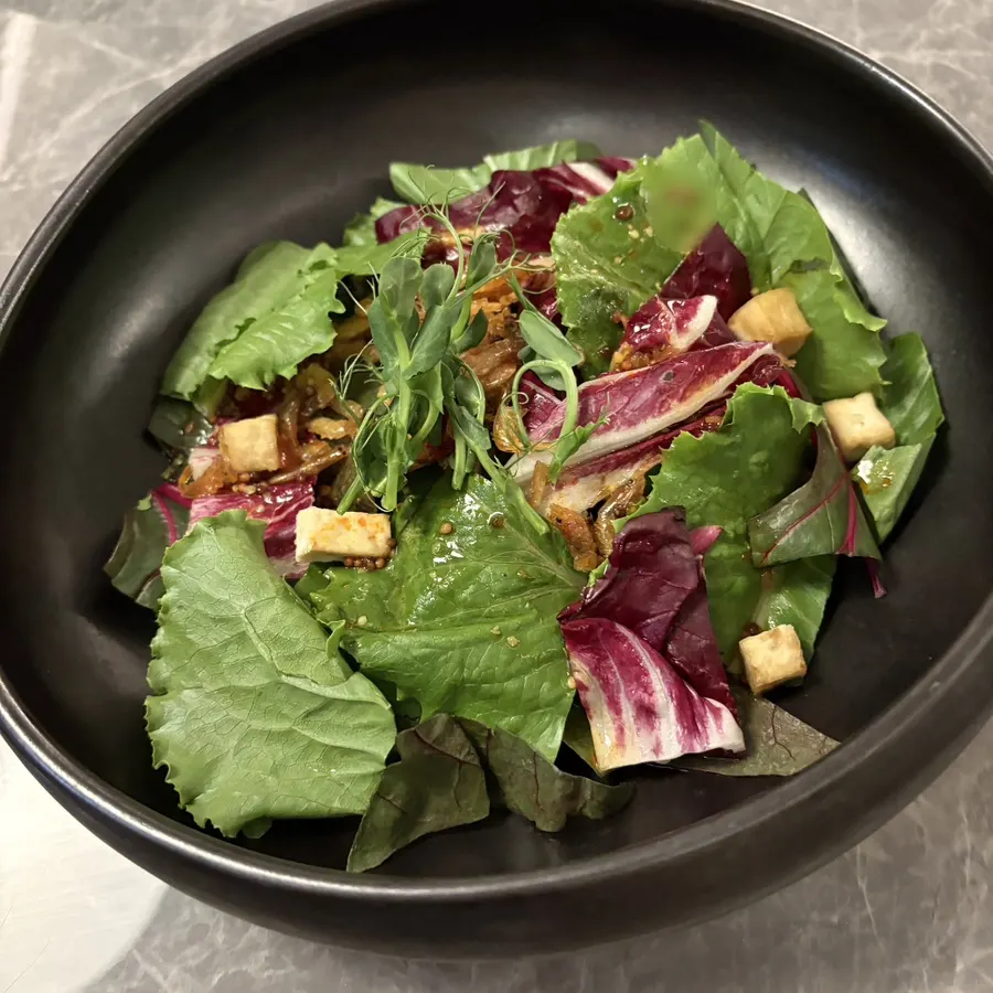 Barley shrimp salad topped with grilled tofu cubes
