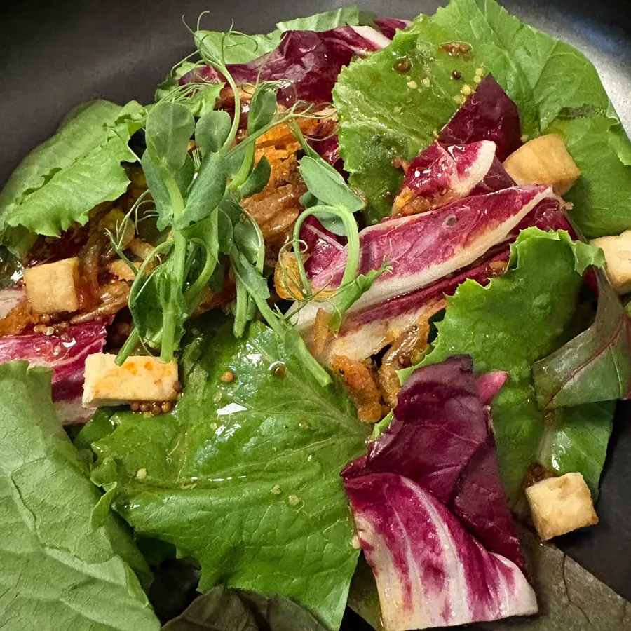 Tofu cube salad topped with barley shrimp sauce