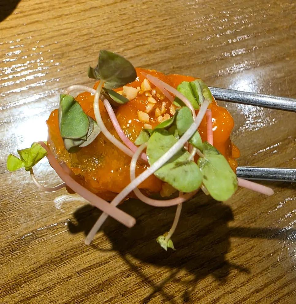 Close-up of glazed spicy mushroom gangjeong