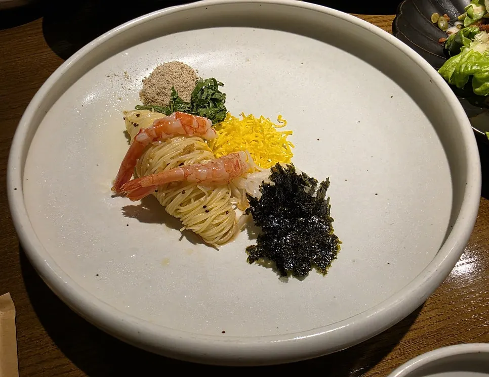 Thin noodle dish made with perilla oil, perilla oil cappellini